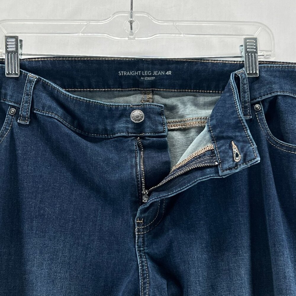 Chicos Straight Leg Jeans Women 4R Stretch Denim Mid-Rise Zip Fly Dark Blue Wash - Picture 11 of 12